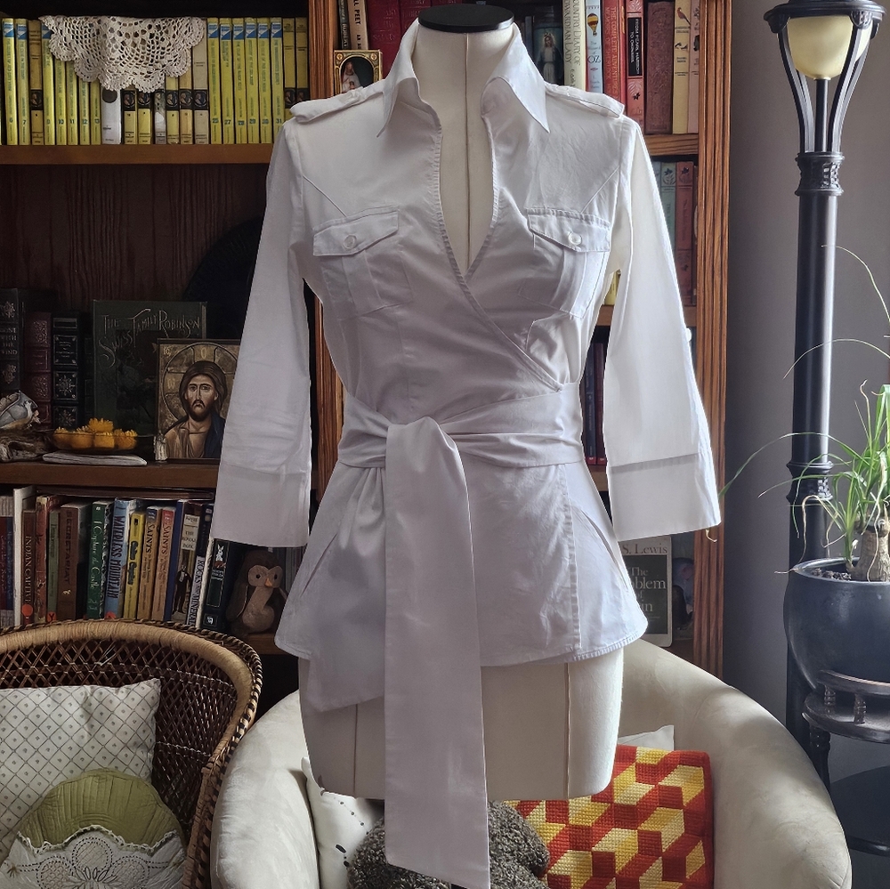 Forever 21 White Wrap Belted Utility Blouse